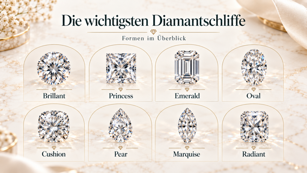 Verschiedene Diamantschliffe im Überblick: Brillant, Princess, Emerald, Oval, Cushion, Pear, Marquise und Radiant