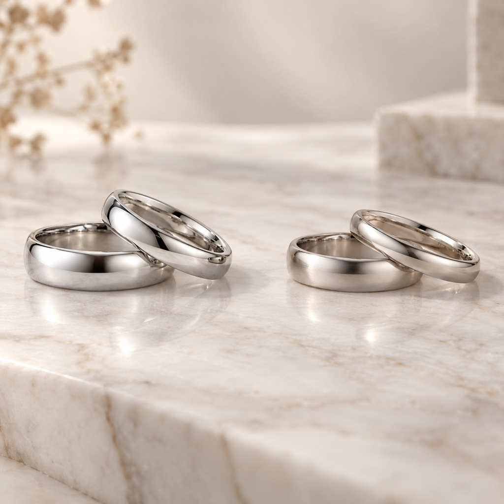 Vergleich von Platin- und Palladiumringen in heller Edelmetallfarbe