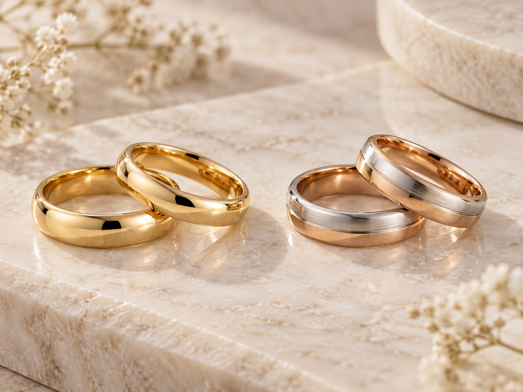 Vergleich von einfarbigen Gelbgold-Trauringen und mehrfarbigen Bicolor-Trauringen