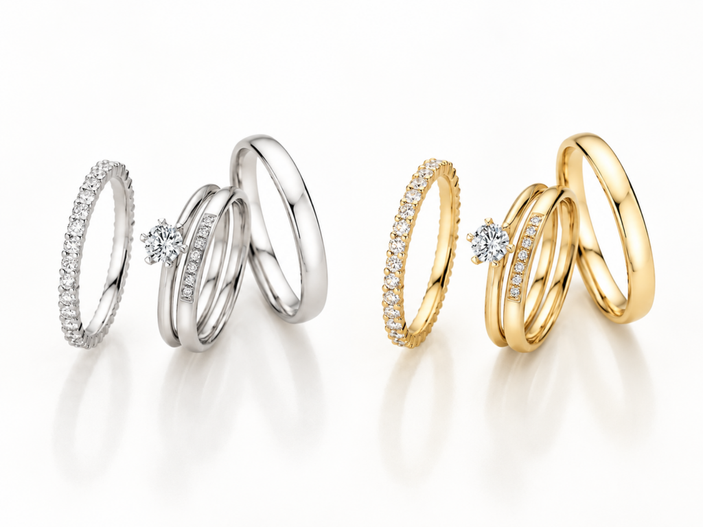 Trauringe und Memoire-Ringe mit Diamantbesatz in Weißmetall und Gelbgold