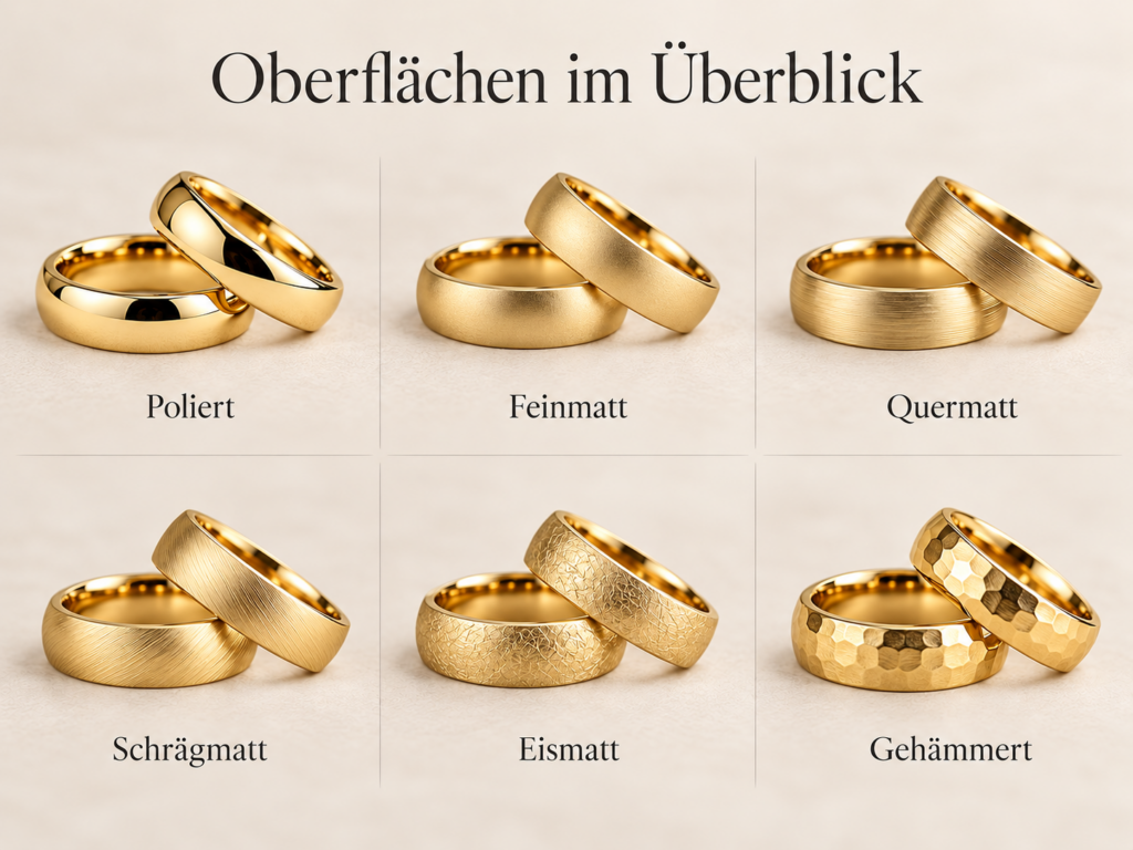 Trauringe in Gelbgold mit unterschiedlichen Oberflächen wie poliert, feinmatt, quermatt, schrägmatt, eismatt und gehämmert